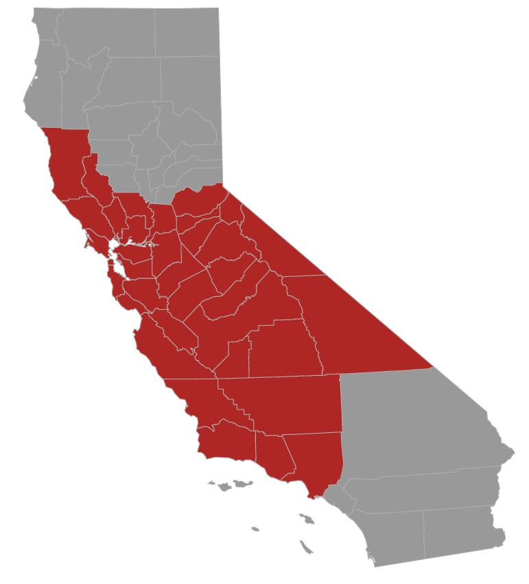 Liaison Concrete Construction service area map showing coverage across Northern California including the Bay Area, Central Valley, Sacramento, and Fresno regions